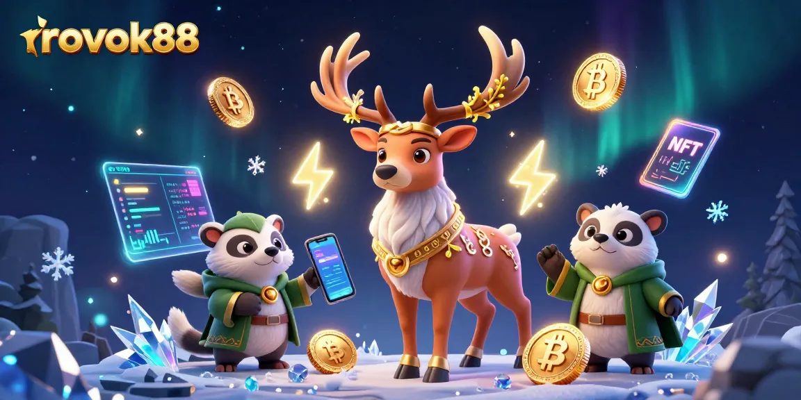 Engage in thrilling gameplay with rokok88, featuring a mystical stag and badger amidst glowing crypto elements.