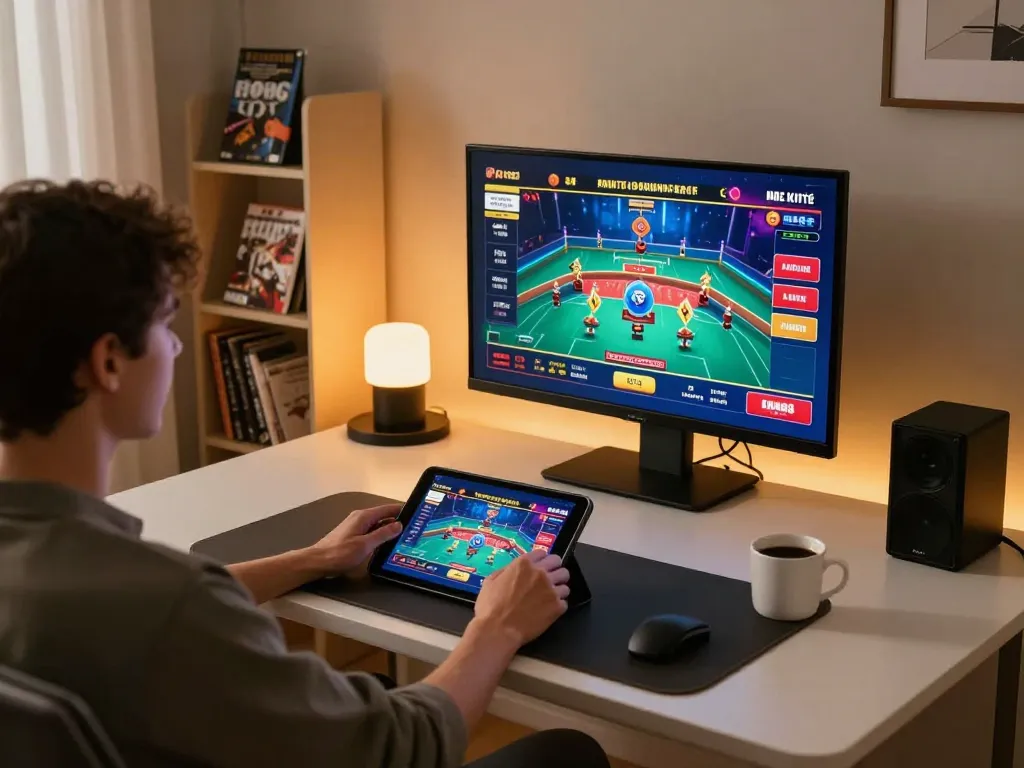 Engaging in online gambling on dn88 com with a tablet in a stylish home setup featuring vibrant graphics.