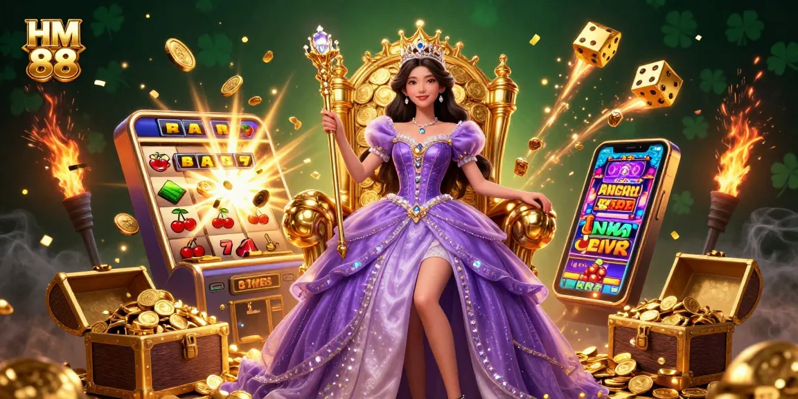 Experience the excitement of HM 88 casino with a vibrant scene of a princess amidst jackpot wins and gaming thrills.