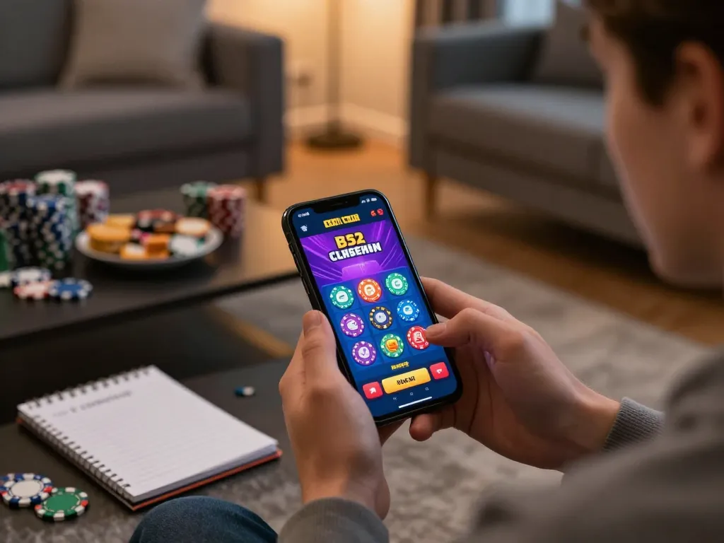 b52 club gaming on mobile app in cozy home setting with vibrant display and strategic notes.