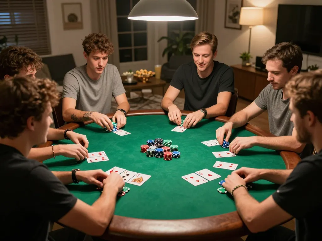 Friends engaging in a competitive poker game at home, showcasing the excitement of jun88pizza gambling.