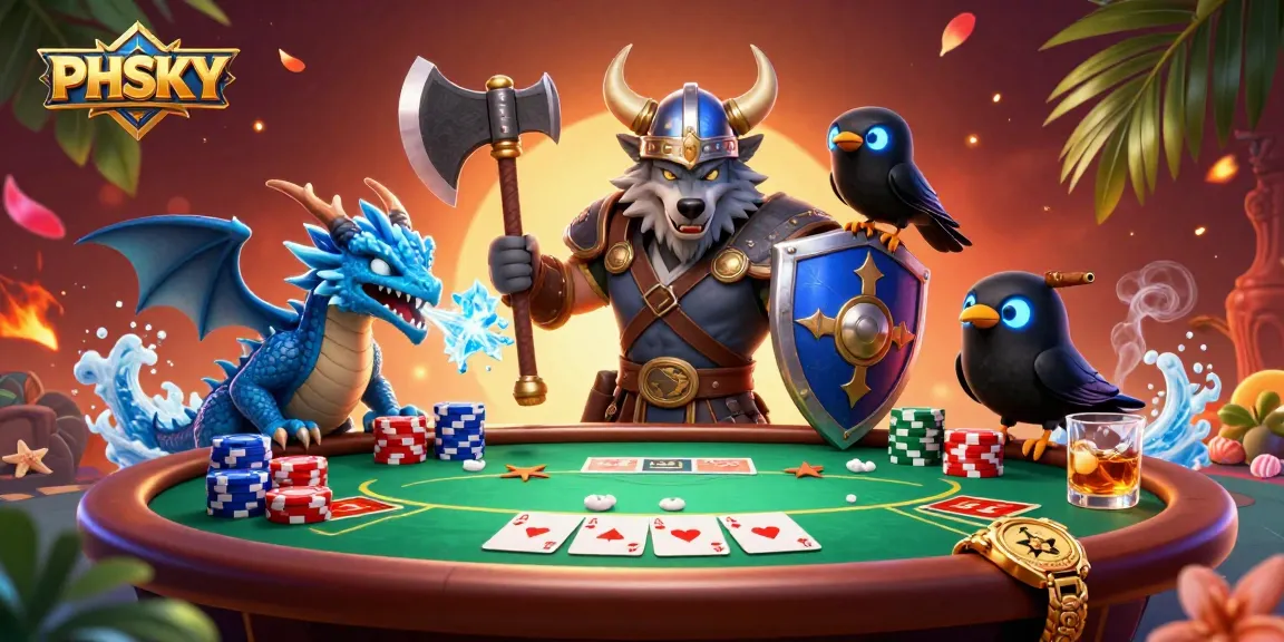 PHSKY invites players to join a vibrant online casino atmosphere filled with poker action and fun characters.