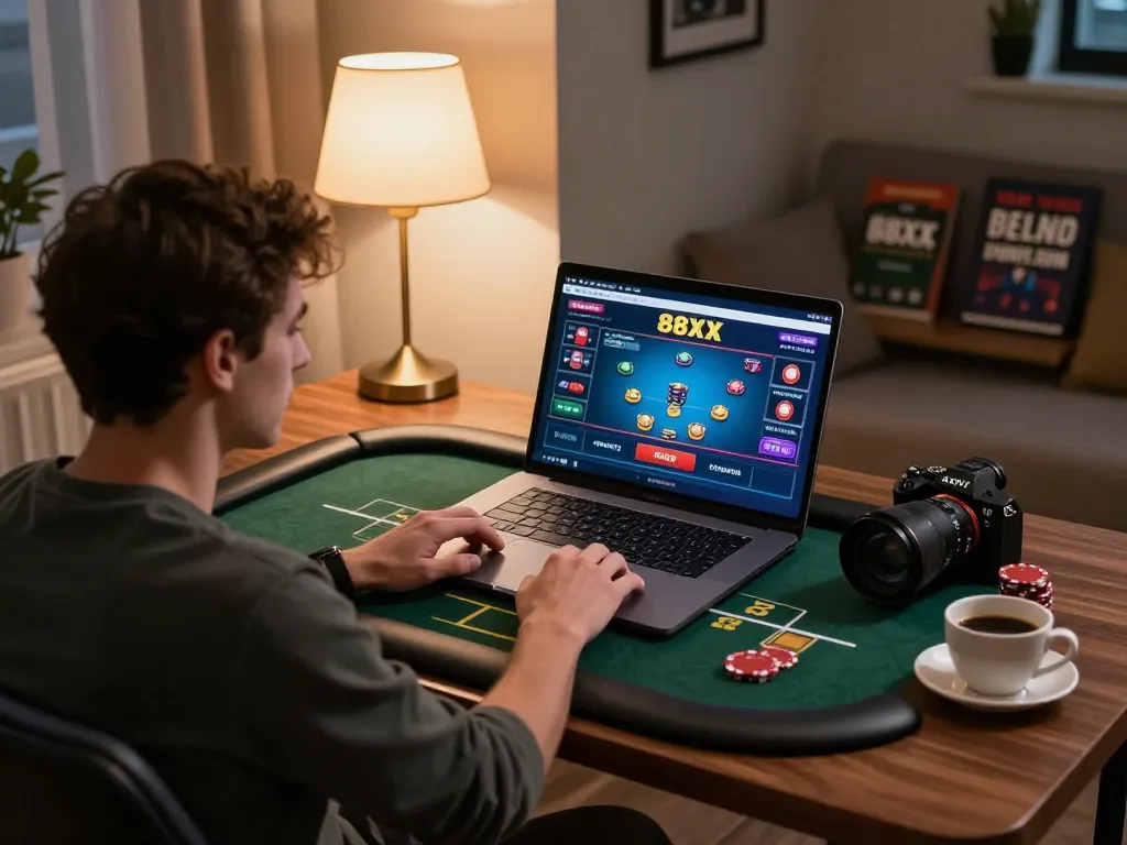 Player engaged in strategic online gaming on the 88xx platform from a cozy home setup, with poker interface visible.