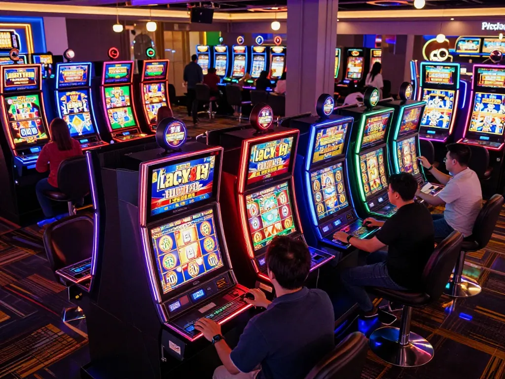 Engaged players at lucky88 slot machines celebrating wins in a vibrant casino atmosphere