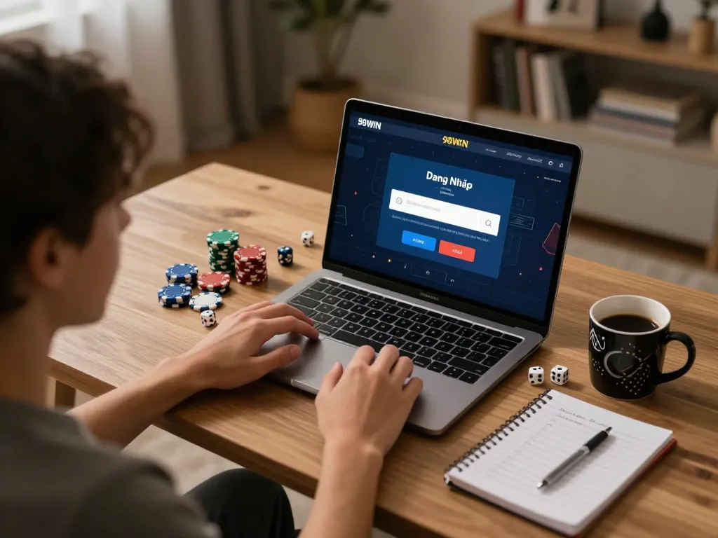 Engaging scene of a user logging into Đăng Nhập 98WIN online casino, showcasing modern home gaming setup