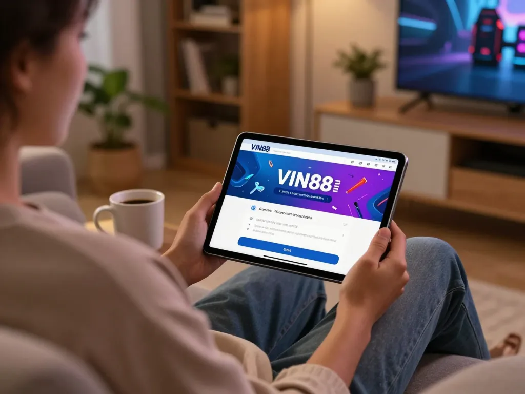 Registering for VIN88 online gaming on a tablet in a cozy home setup