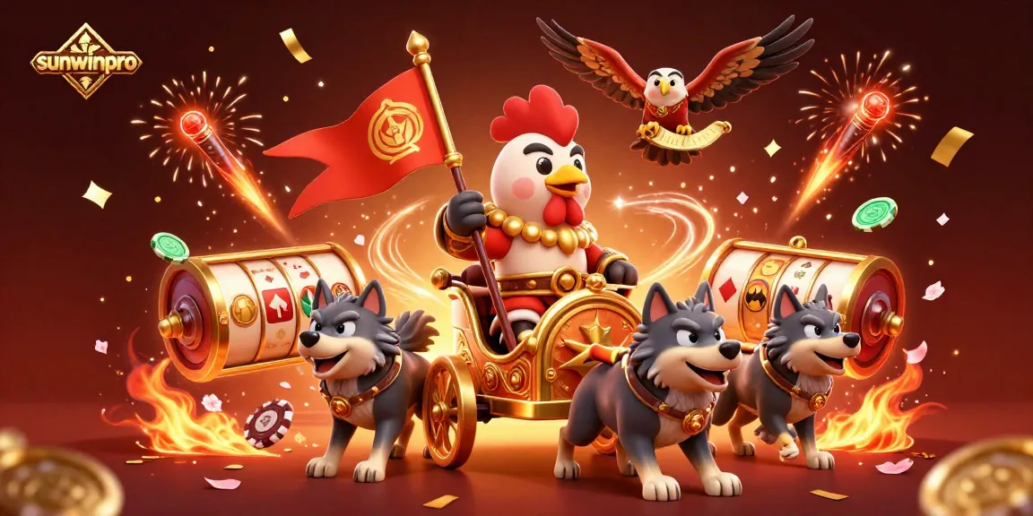 Experience thrilling gameplay with sunwinpro's golden rooster warlord in this vibrant 3D casino scene.
