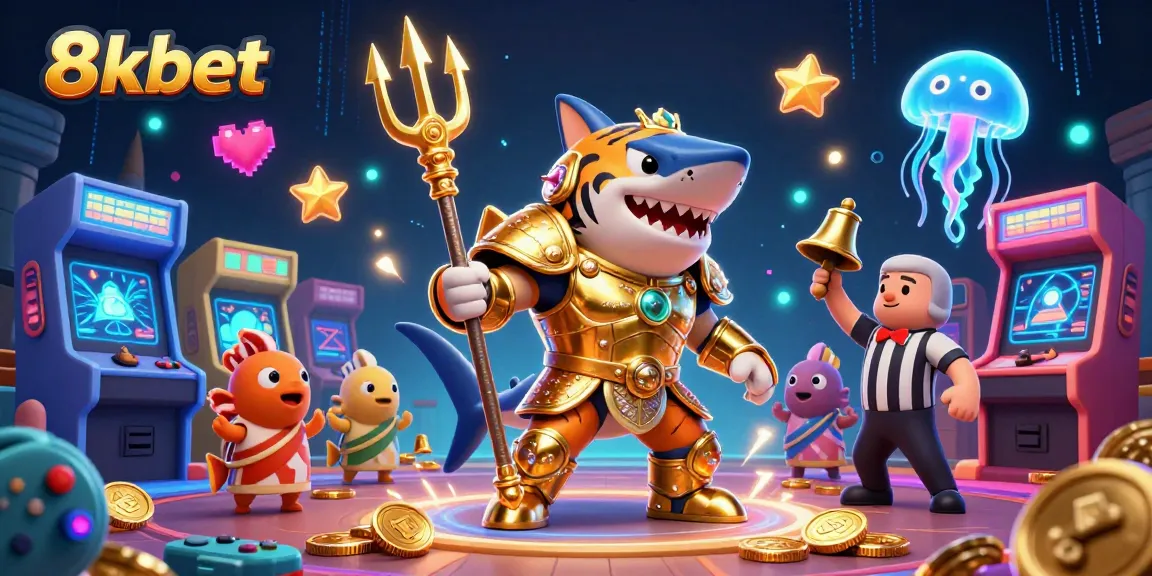 Engage with thrilling 8xbet gameplay as a tiger shark in gladiator armor battles in a vibrant underwater colosseum.