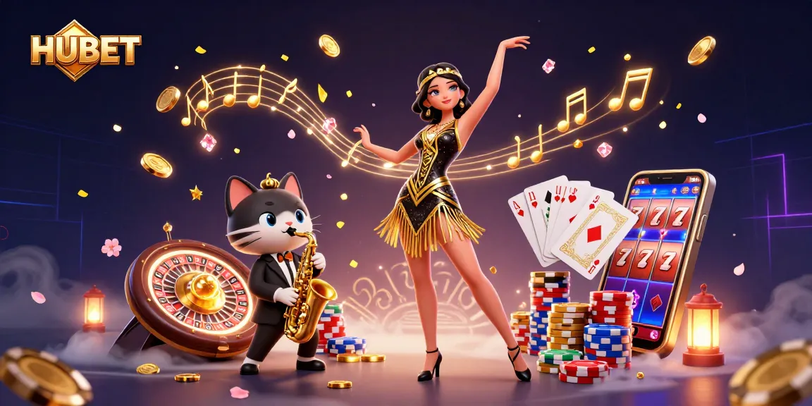 Experience thrilling gaming at HUBET with dynamic casino elements, gold coins, and dazzling characters.
