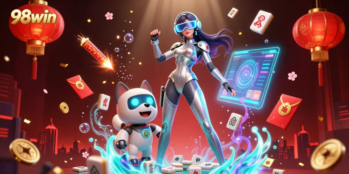 Experience the thrill of 98win as vibrant holographic games come alive around a futuristic woman and a robot dog.