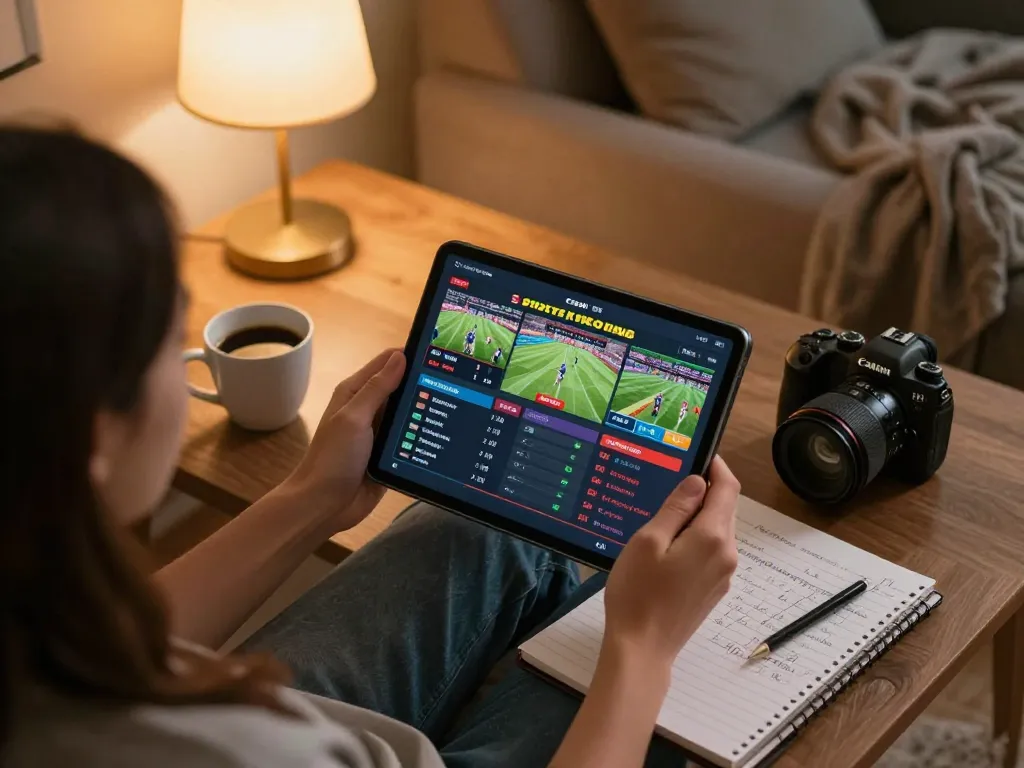 Participant engaging in sports betting on a tablet while seated in a cozy space, optimizing their strategy at uu88.