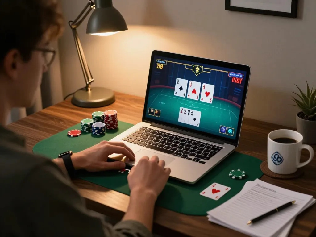 Player strategies in online gaming session with tr88 poker interface displayed on laptop.