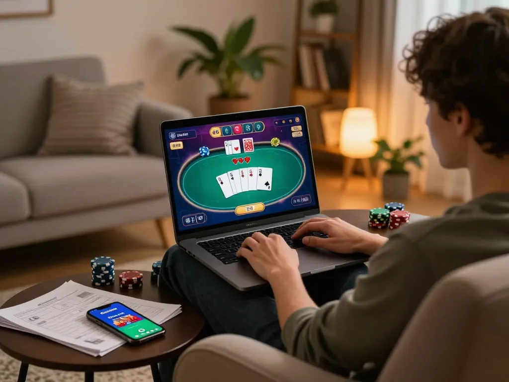 Engaging in a poker game on Sunwin with laptop and strategy notes in cozy home setting