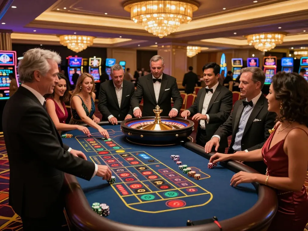 Experience excitement at Five88's roulette table as players engage in strategic bets on a bustling casino floor