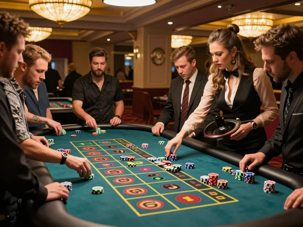 Players placing bets on the roulette table at a casino, showcasing excitement and strategic moves in debet.