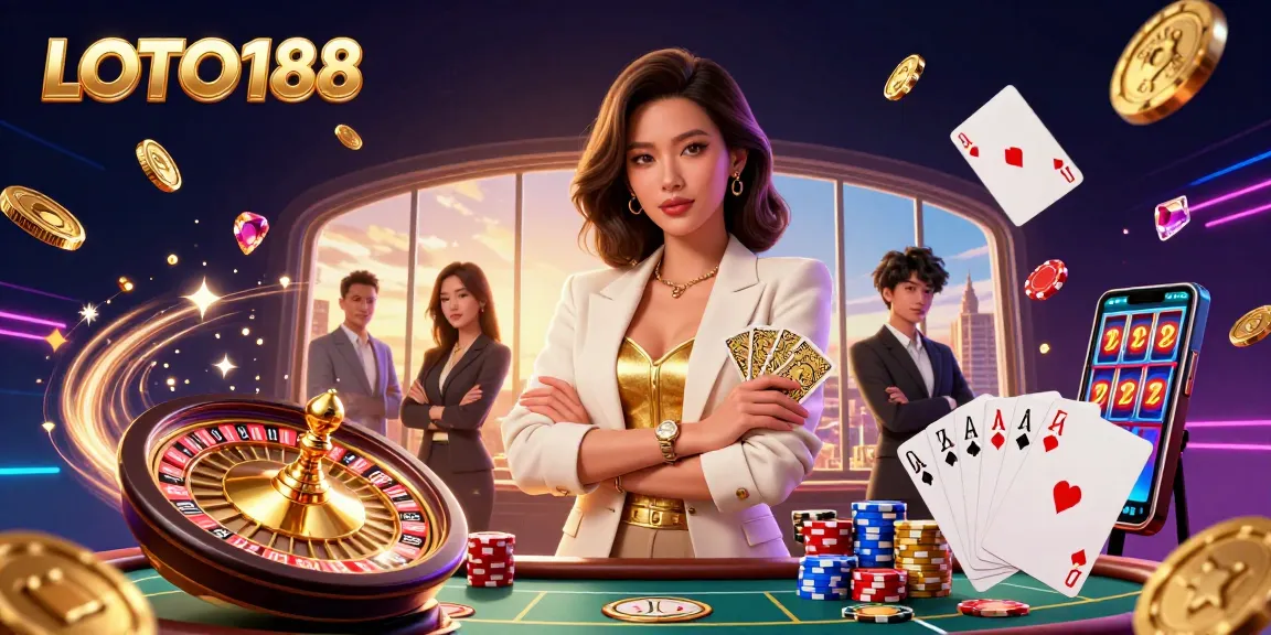 Experience riveting gameplay with LOTO188, showcasing a powerful female character amid sparkling casino elements and golden tokens.