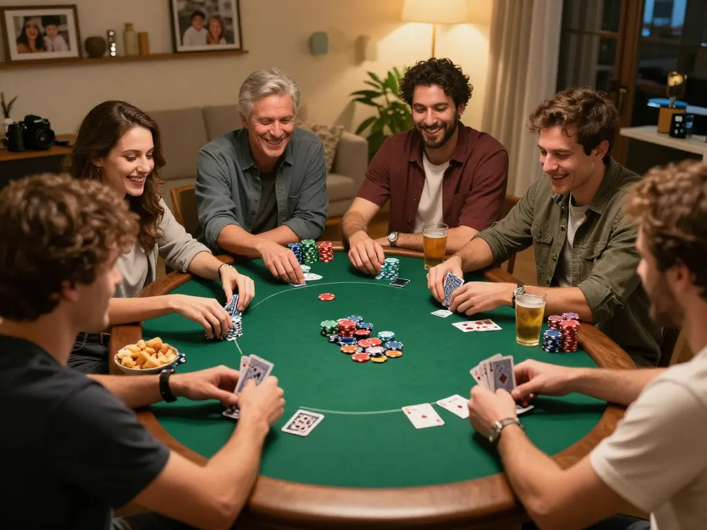 KQBD players enjoying an exciting poker night in a cozy home setting with friends.