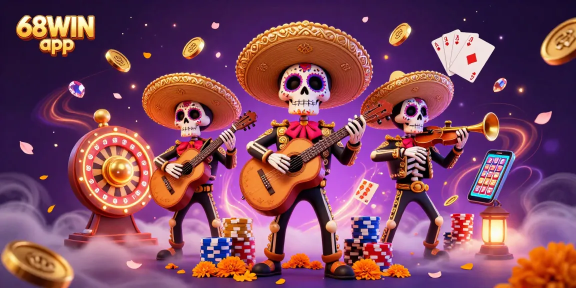 Experience the thrill of games with the 68WIN app featuring an energetic mariachi band amidst spinning roulette and flying coins.