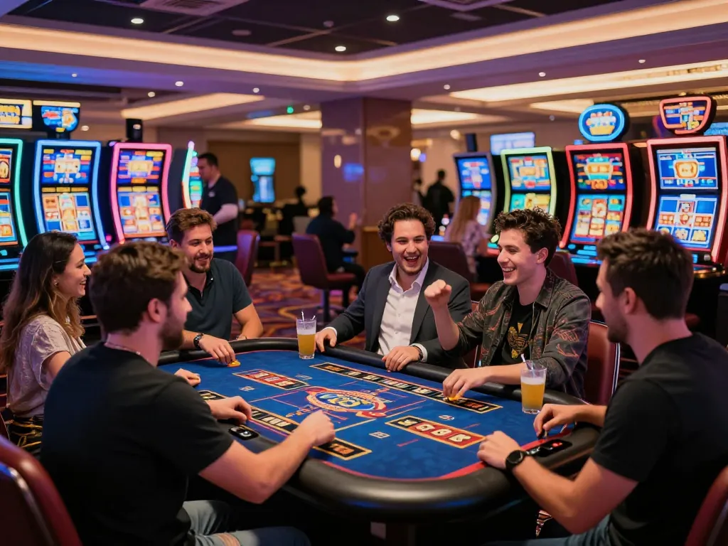 Engaged group of friends enjoying dynamic online gambling experience at 789P casino with games, snacks, and vibrant atmosphere.