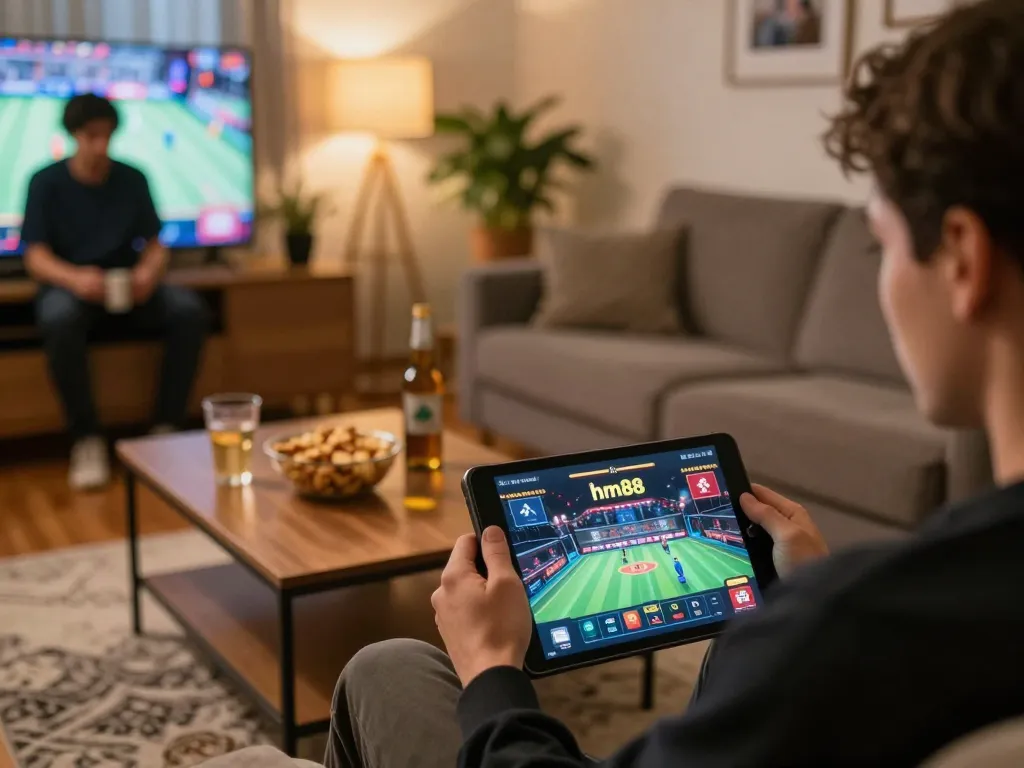 Engaged player using hm88 app for online gaming from a cozy living room.