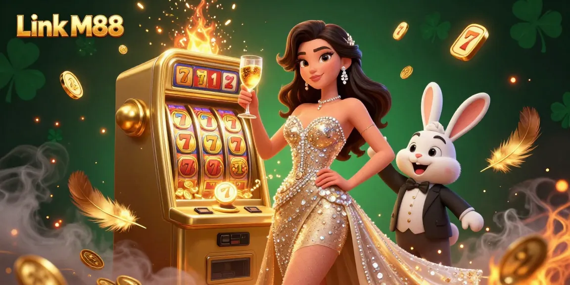 Celebrate casino wins with Link M88's stunning illustration, featuring a glamorous woman and a jackpot slot machine.