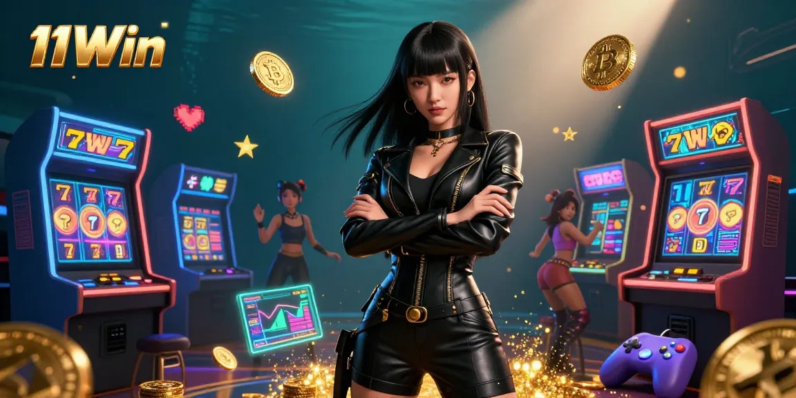 Play exciting games at 11Win Casino, featuring vibrant slot reels and a powerful character in action.