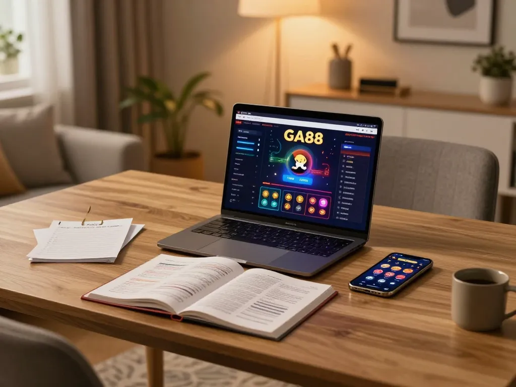 Engage with GA88's online casino through a cozy home gaming setup, showcasing laptop and mobile app.