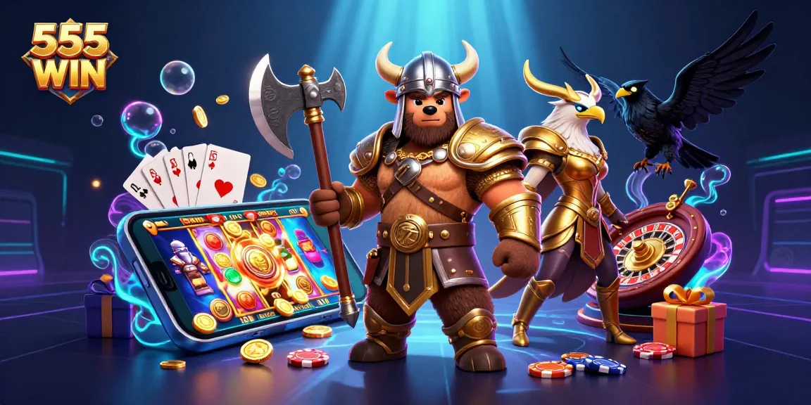 Engage in thrilling gameplay with 555 WIN at an electrifying casino backdrop featuring vibrant slot games.