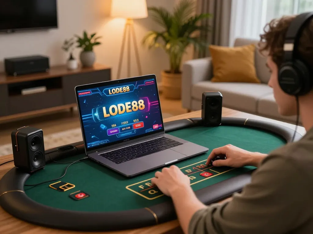 Player enjoying LODE88 live dealer game on laptop in cozy home setting