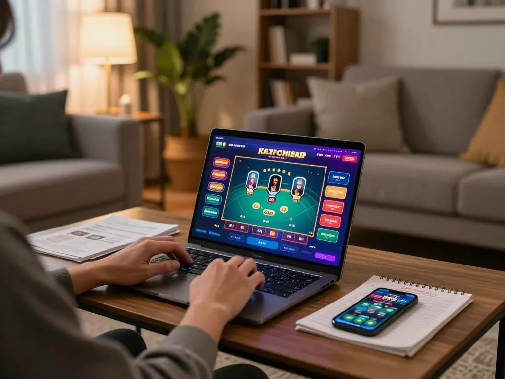 nk88 player engaged in online casino gaming at home, showcasing responsible gambling setup and strategies