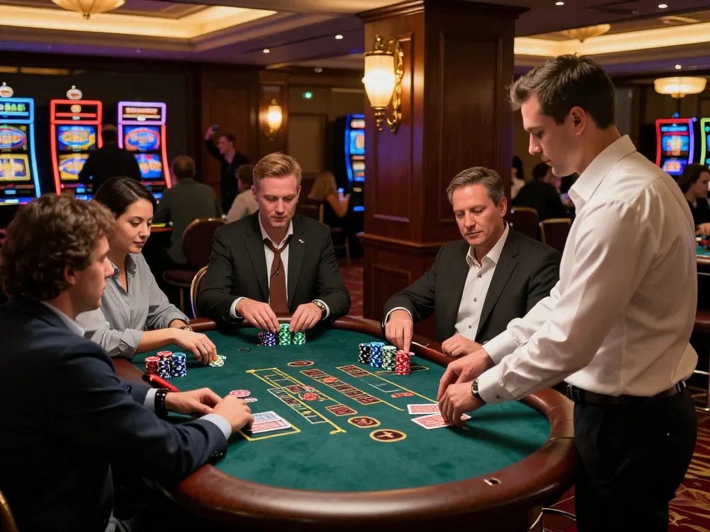 Players strategizing at the cm88z blackjack table as a dealer deals cards, highlighting casino excitement.