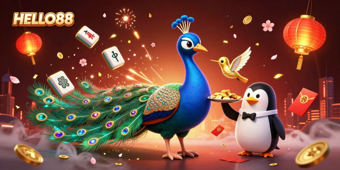 Engage with HELLO88's vibrant casino scene featuring a peacock and penguin amidst golden gaming elements.