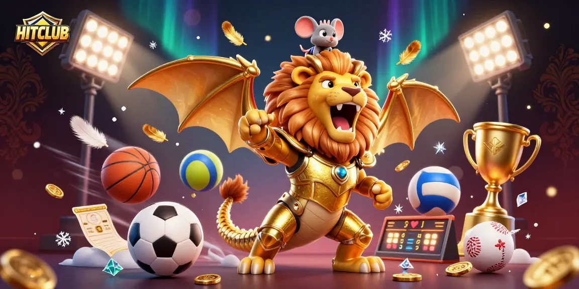 HITCLUB showcases a triumphant chimera creature amidst vibrant sports betting elements, perfect for casino promotions.