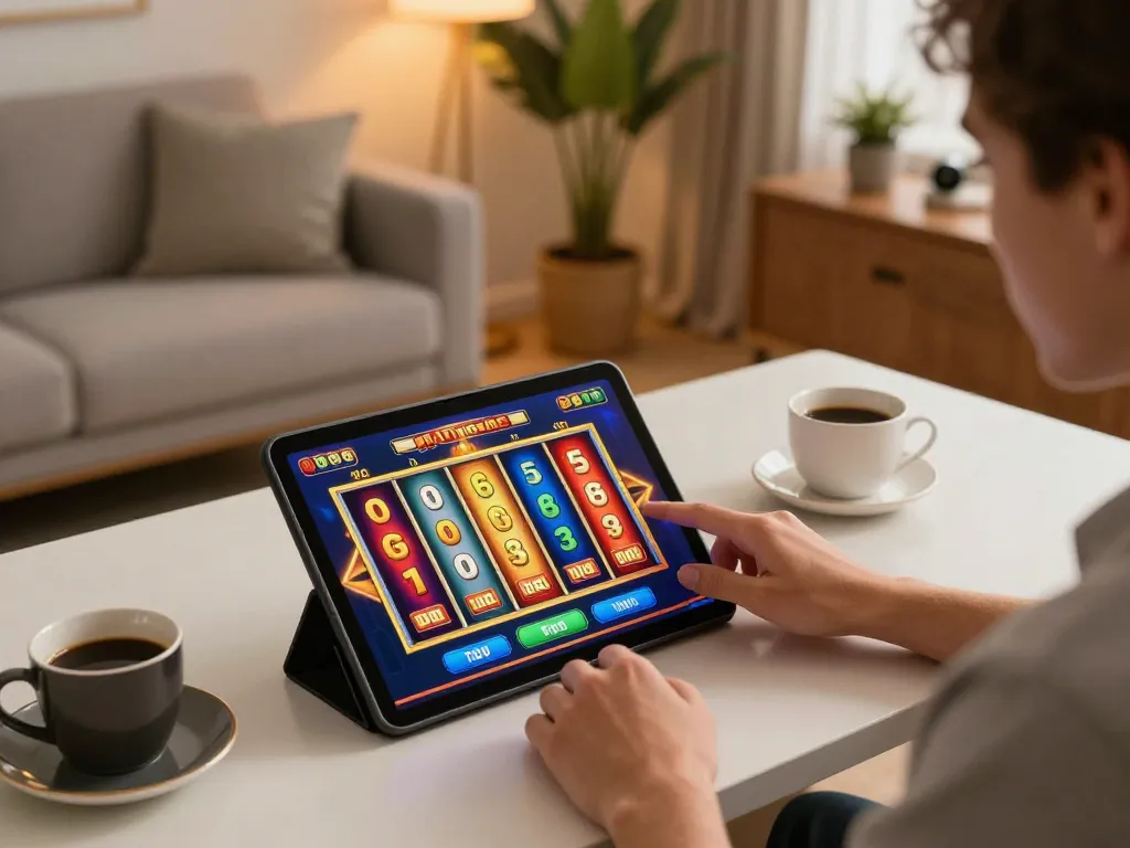 Player engaging in a lively slot game with U888 on a tablet, showcasing an inviting home gambling atmosphere.