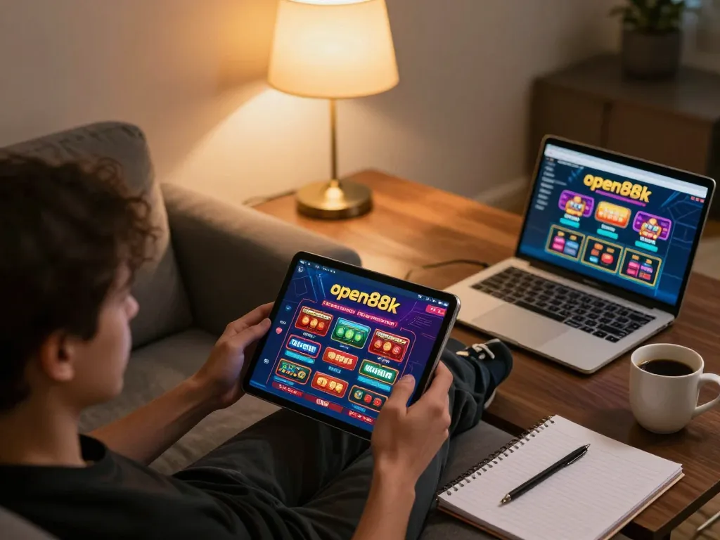 Player engaged with open88k casino on tablet, detailed home gaming setup.