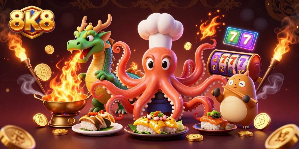 Engage with exciting games at 8K8 Casino, featuring vibrant slot reels and animated characters.