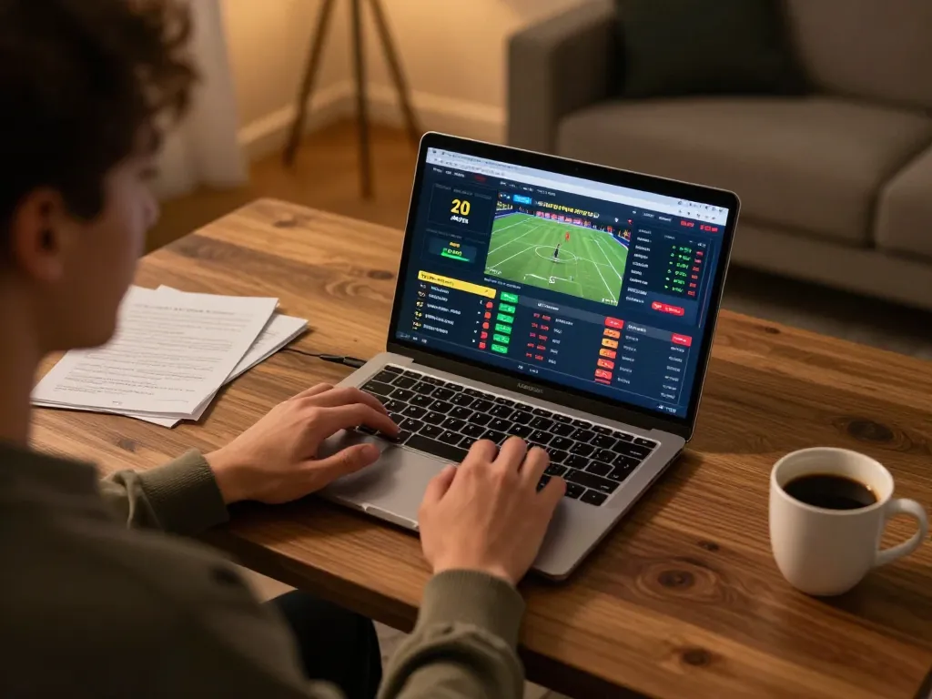 F1688 user engaged in strategic online sports betting at a cozy gaming setup.