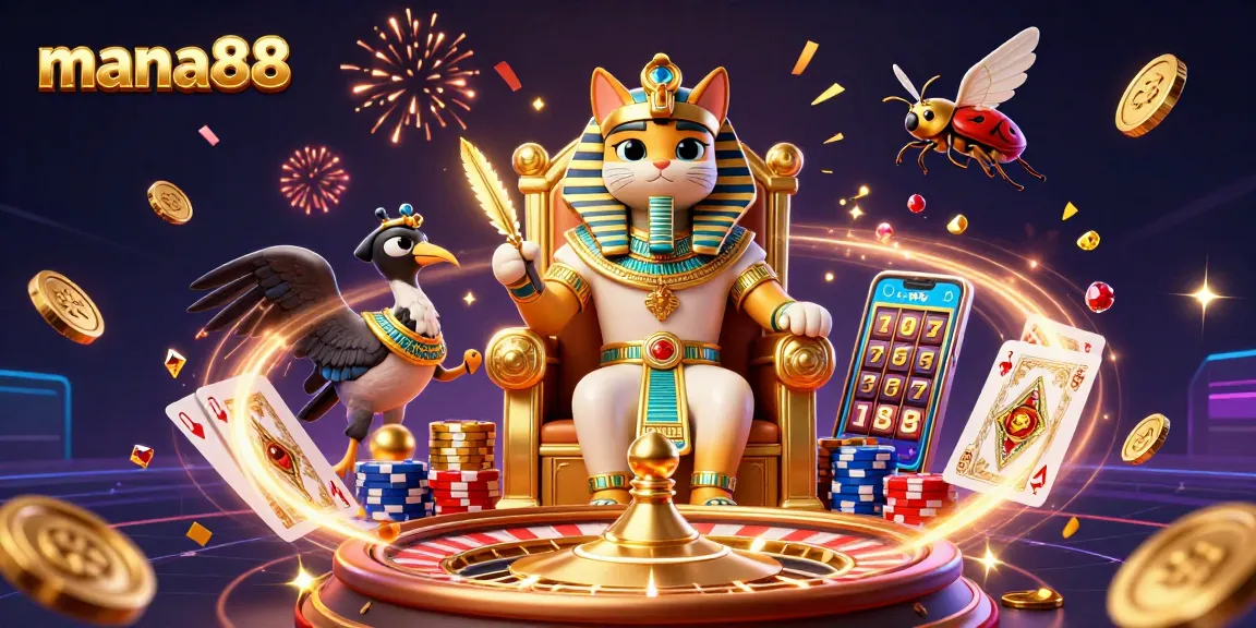 Experience winning thrills at mana88 with Egyptian-themed casino elements in this vibrant 3D scene.