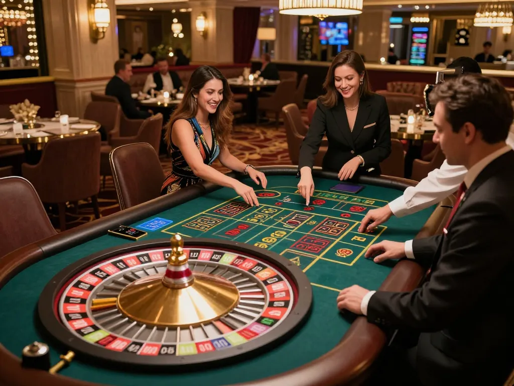 Experience the thrill of a roulette table at DA88 casino with players engaging in bets and strategy
