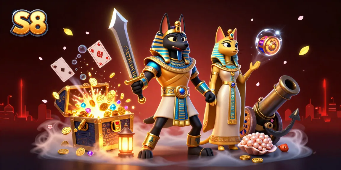 S8 engages players with lavish 3D cartoons depicting Anubis and Bastet amidst exploding treasures and swirling slot reels.