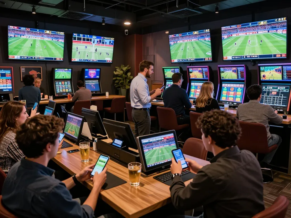 Engaged patrons using DOOBALL99 betting app in a lively sports lounge with live sports screens.
