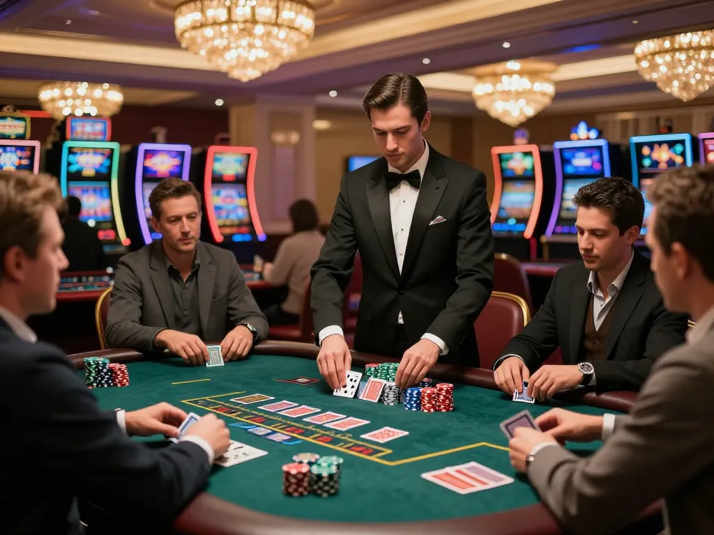 Experience khuyến mãi 98win at a vibrant blackjack table with players and dealer