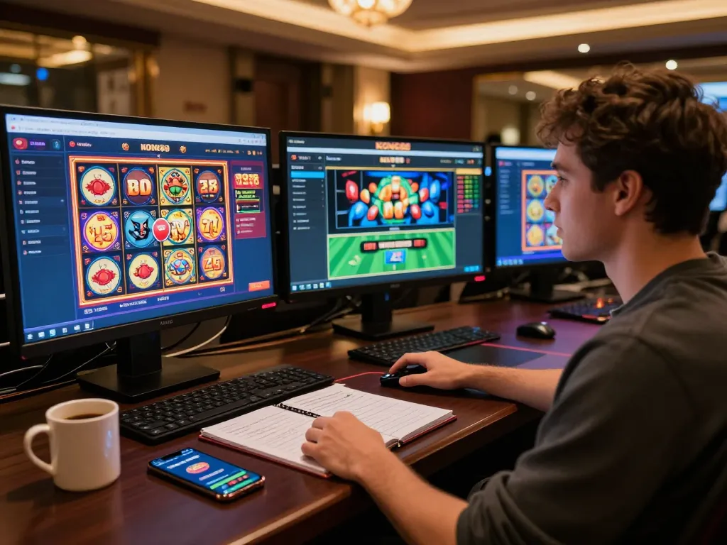 KONG88 online gambling setup showcasing a player engaged with multiple games on screens and responsible betting tools.