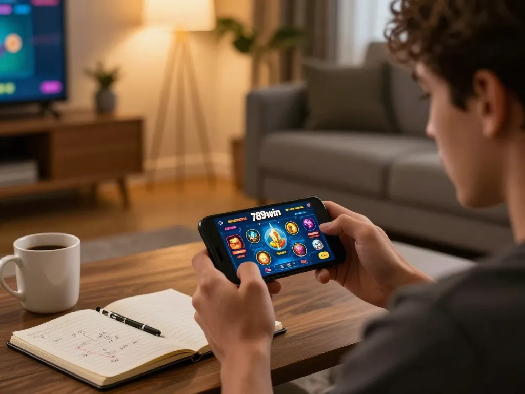Playing 789win casino on a smartphone in a cozy home setting, showcasing strategic betting.