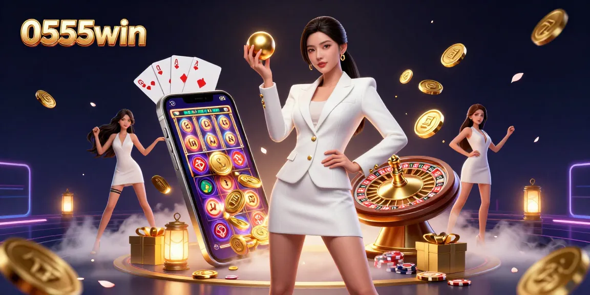 Play exciting games with 0555win's vibrant casino atmosphere showcasing slot games and roulette.