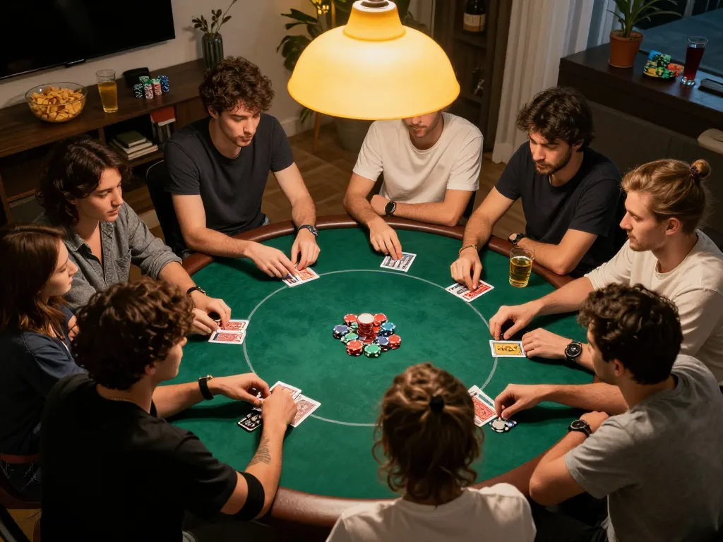 Friends enjoying a competitive poker game at home, showcasing the social side of gambling with LV88.