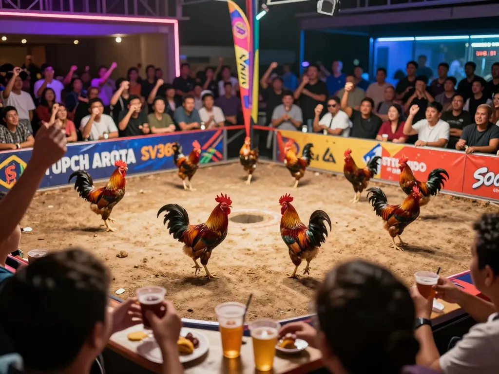 Exciting Thomo betting action at SV368 with lively audience and dynamic chicken fighters