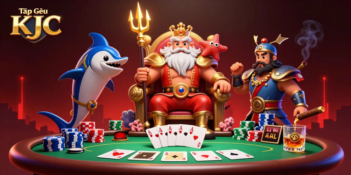 Tập Đoàn KJC promotes a vibrant poker scene with Neptune and samurai characters in a dynamic casino environment.