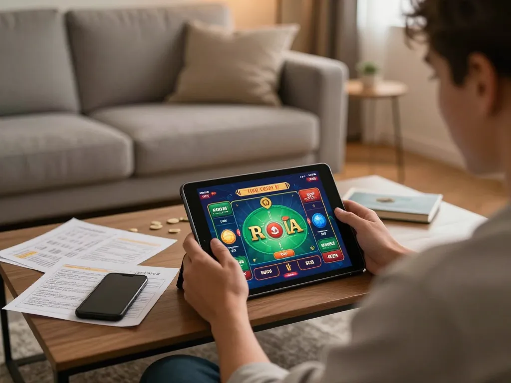Engaging in online casino gaming with lc88 on a tablet, showcasing vibrant casino interface and strategy notes.