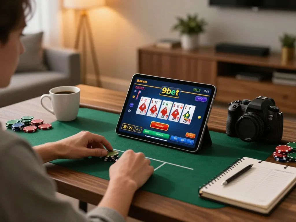 Engaging in a 9bet game while enjoying a cozy home office setup viewed on tablet.